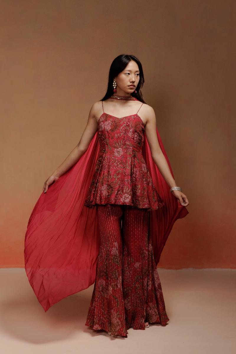 Wine Printed Kurta Set with Jacquard Sharara and Choker Dupatta