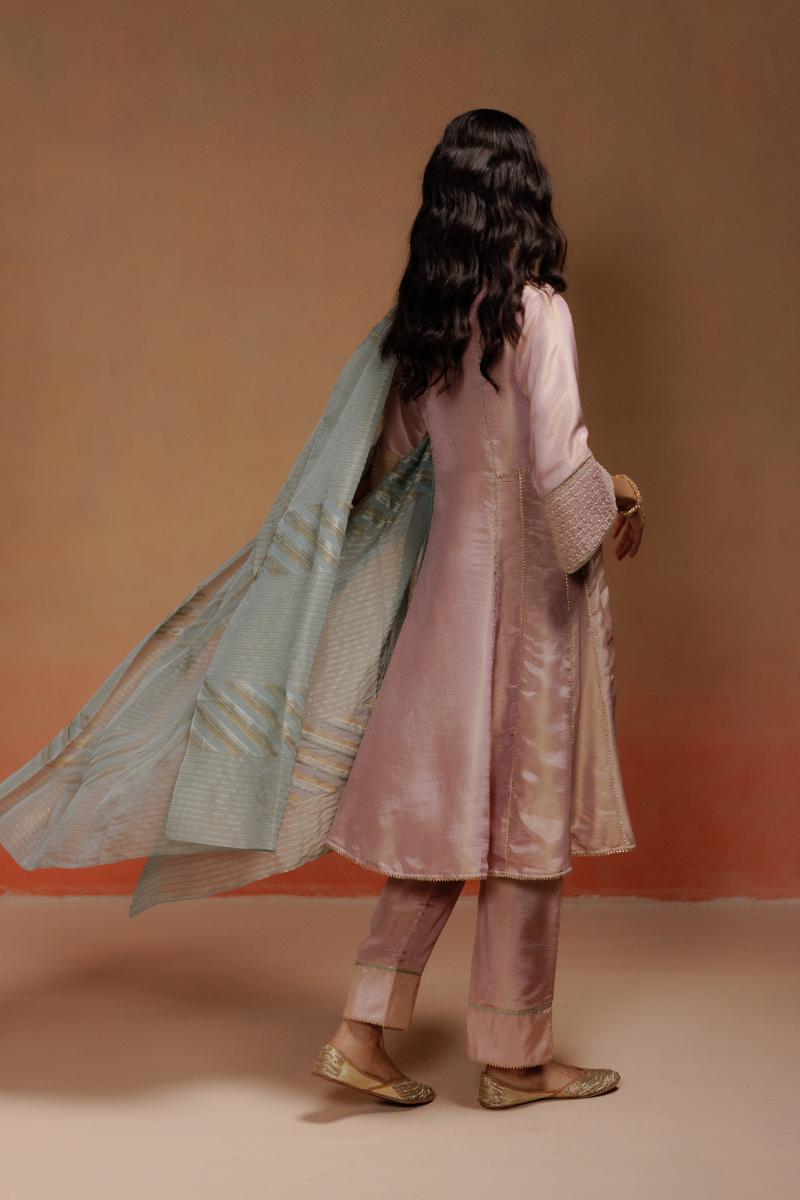 Baby Pink Tissue Kurta Set with Dori Embroidery and Baby Blue Dupatta