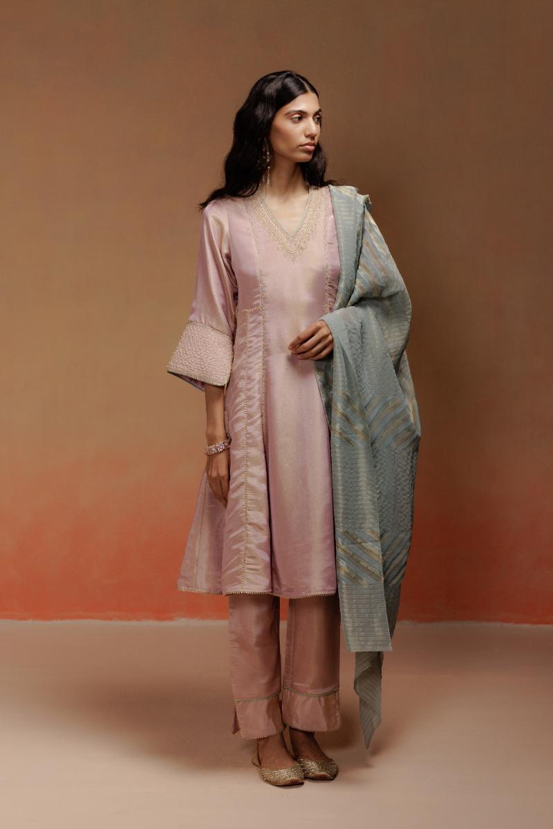Baby Pink Tissue Kurta Set with Dori Embroidery and Baby Blue Dupatta
