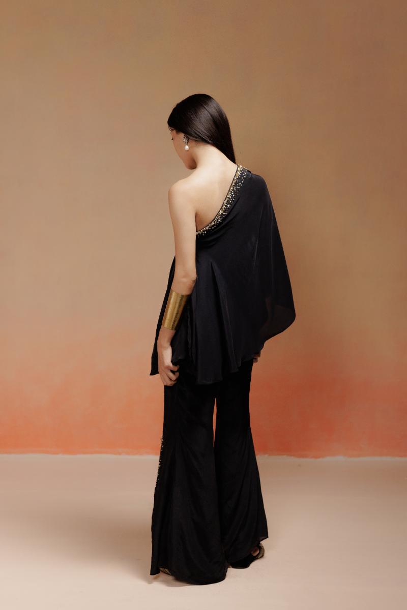 Black Off-Shoulder Tunic Set with Bronze and Gold Stone Embroidery