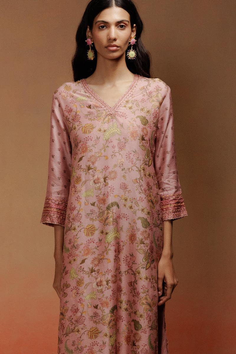 Pink Printed Raw Silk Kurta Set