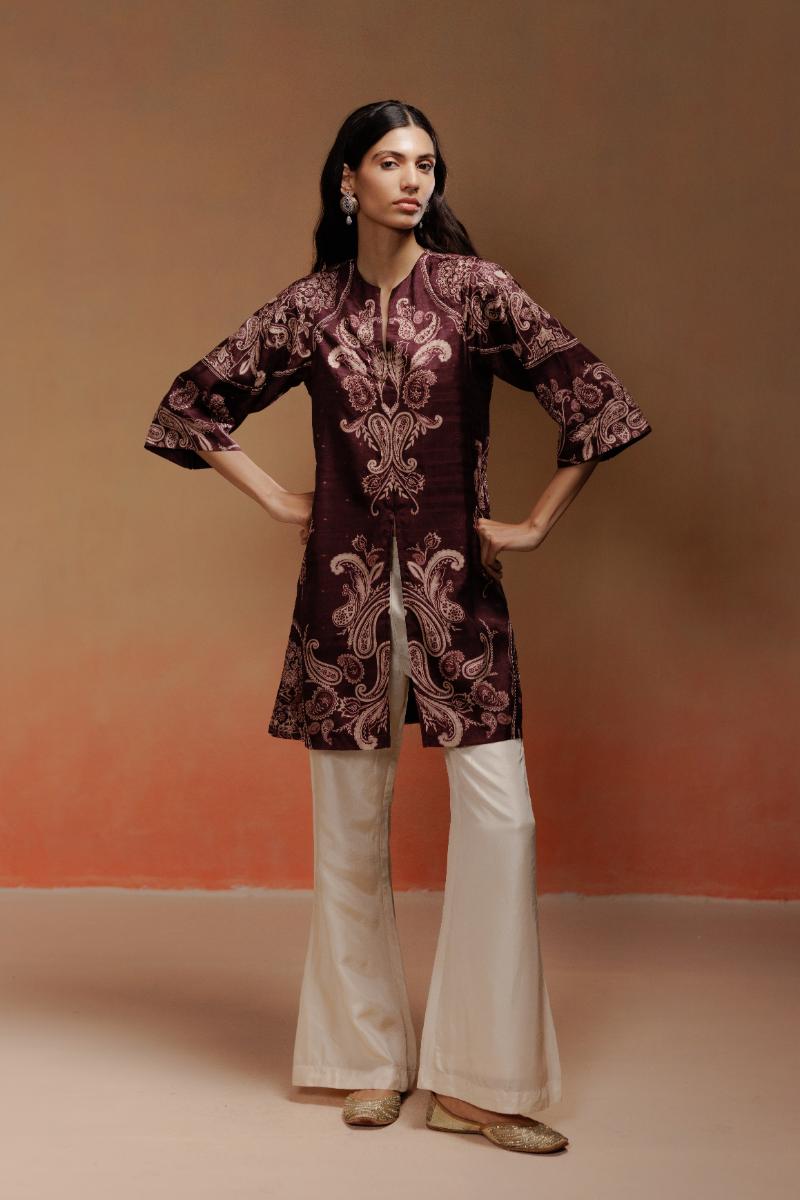 Deep Wine Jacquard Kurta Set with Paisley Print and Ivory Silk Pants