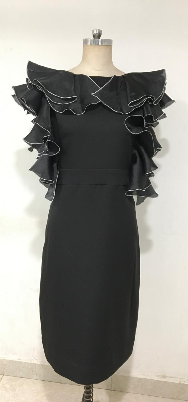 Black Dress With Organza Ruffle On Yoke