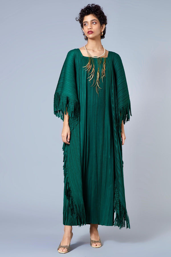 Pleated Fringed Kaftan - Green