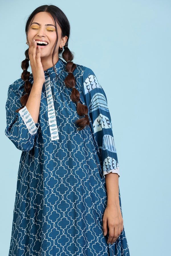 Dark blue all over print kurta