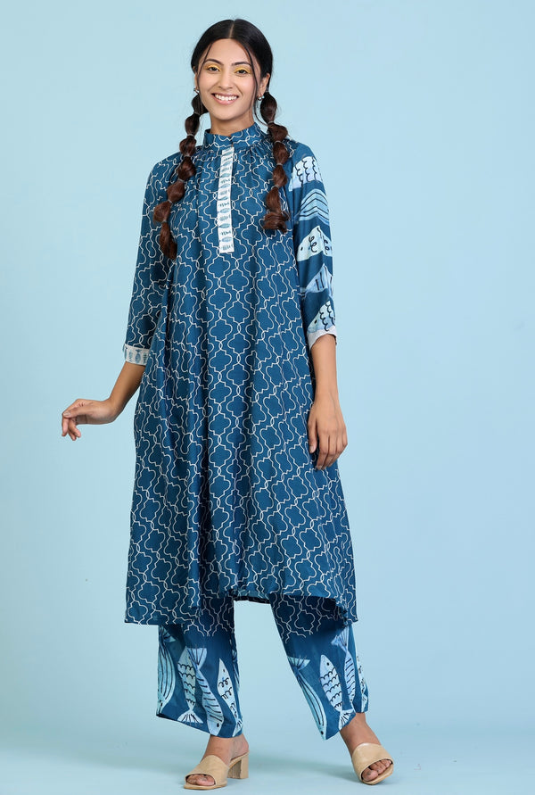 Dark blue all over print kurta