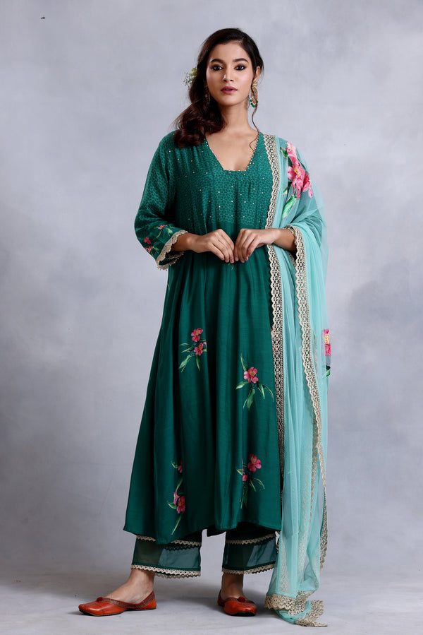 Emerald green kalidar kurta with straight pants and sea green net dupatta