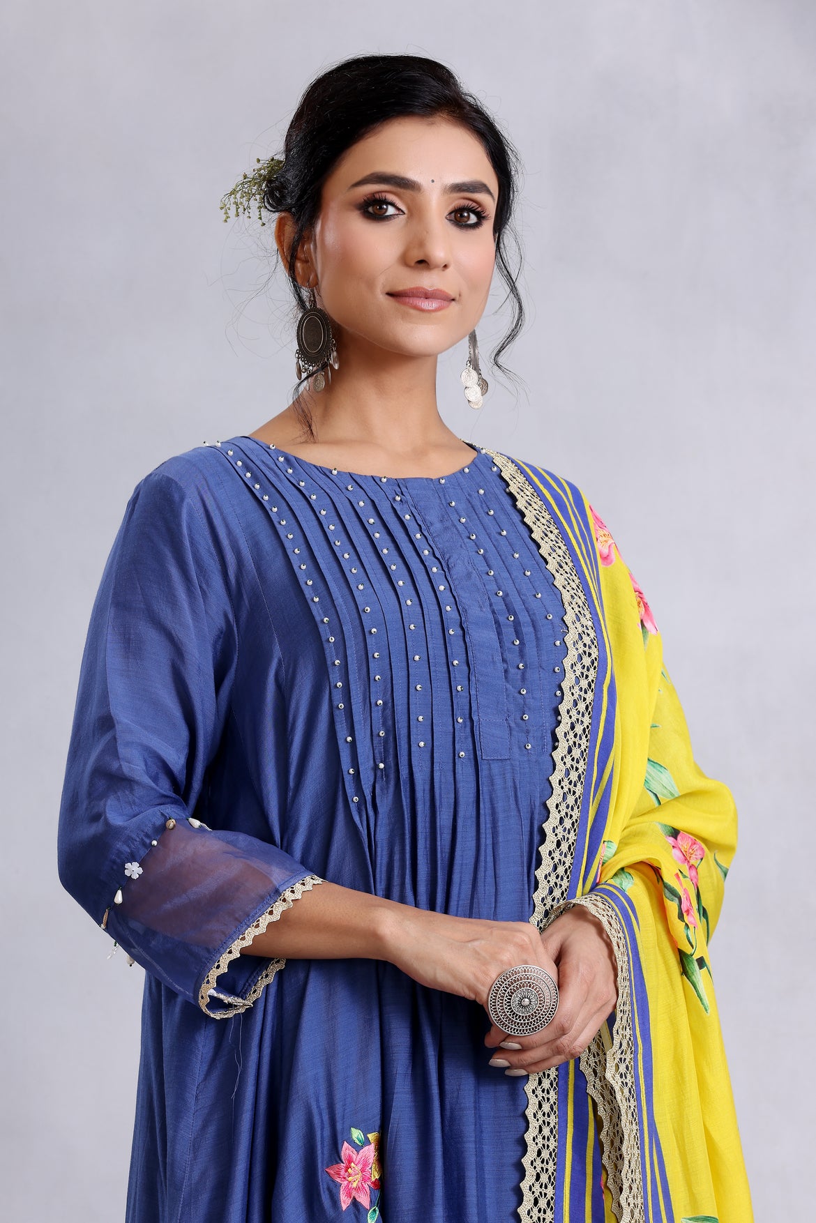 Royal blue embroidered kalidar kurta