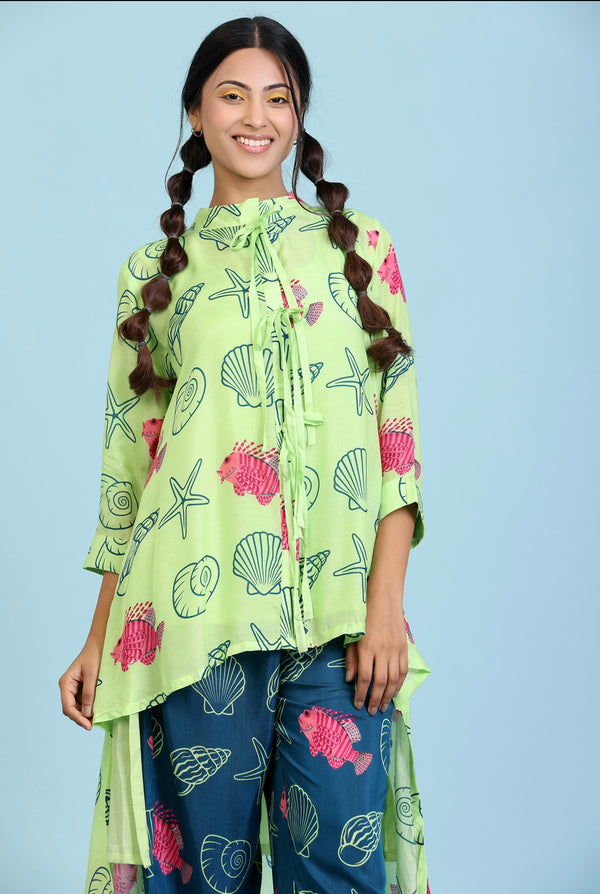 Mint green print asymmetric length kurta with blue coral outline print straight pant