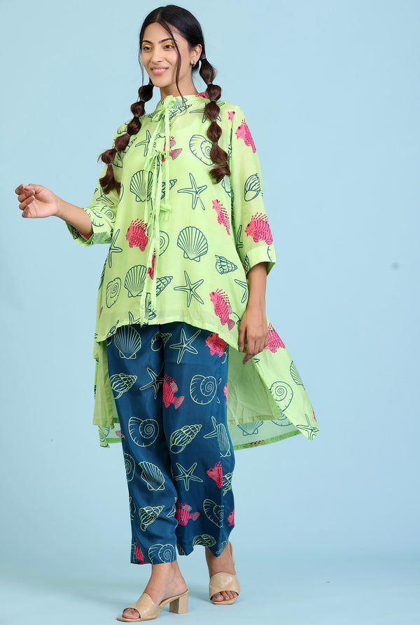 Mint green print asymmetric length kurta with blue coral outline print straight pant