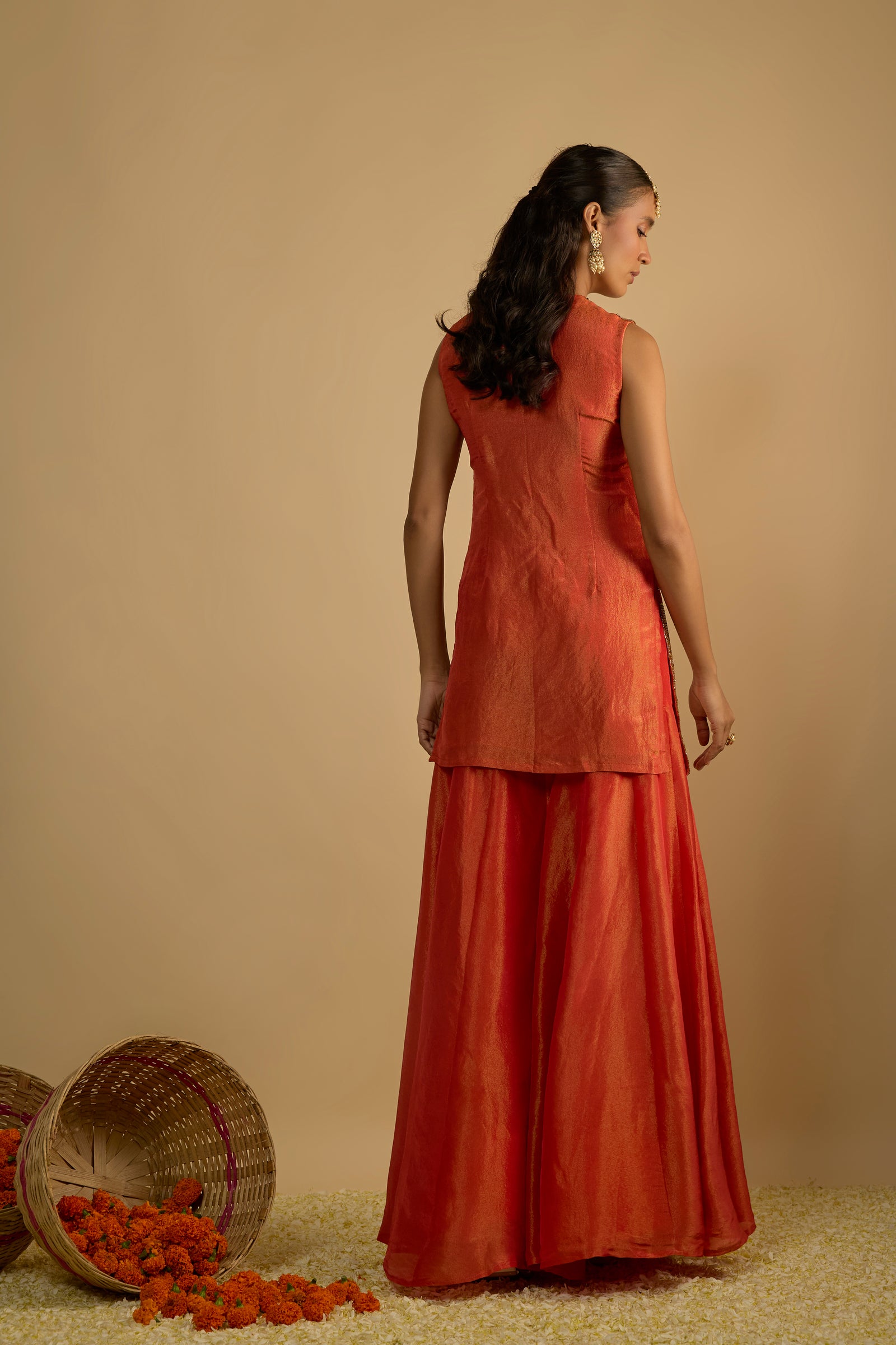 Burnt Orange Silk Tissue Short Kurta Gharara Set