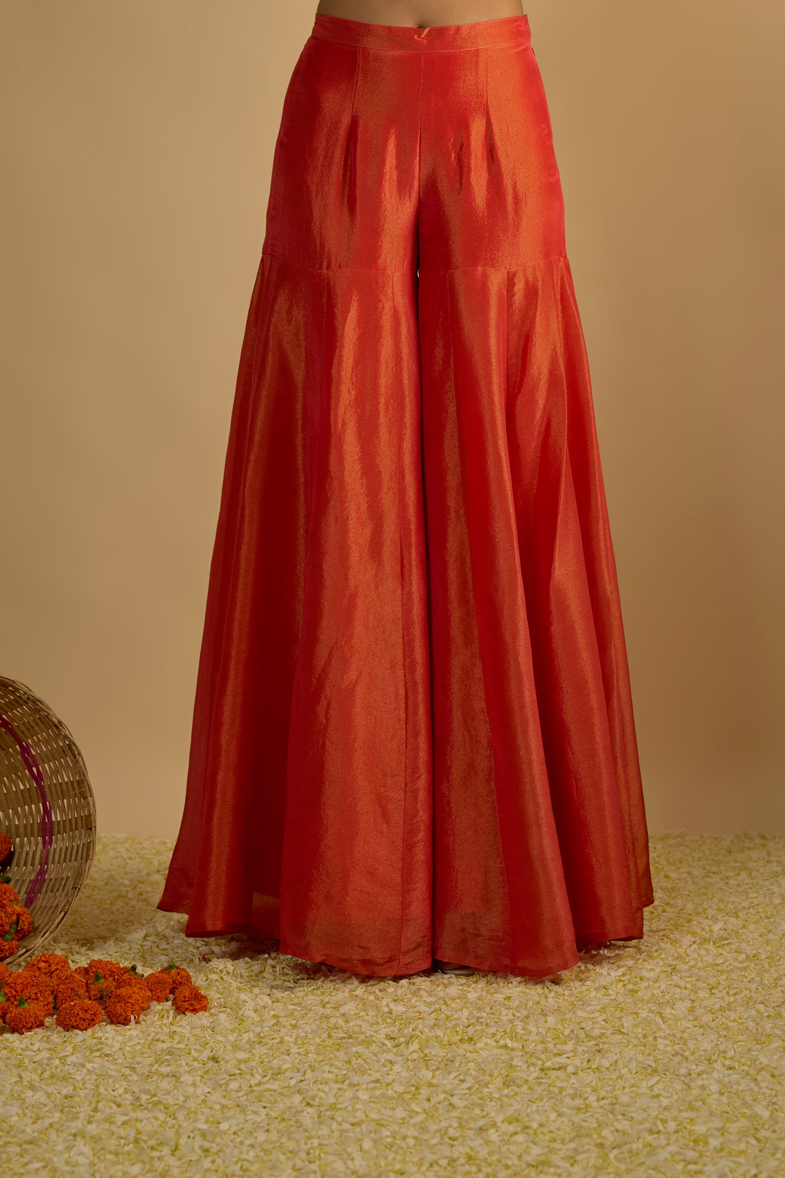 Burnt Orange Silk Tissue Short Kurta Gharara Set