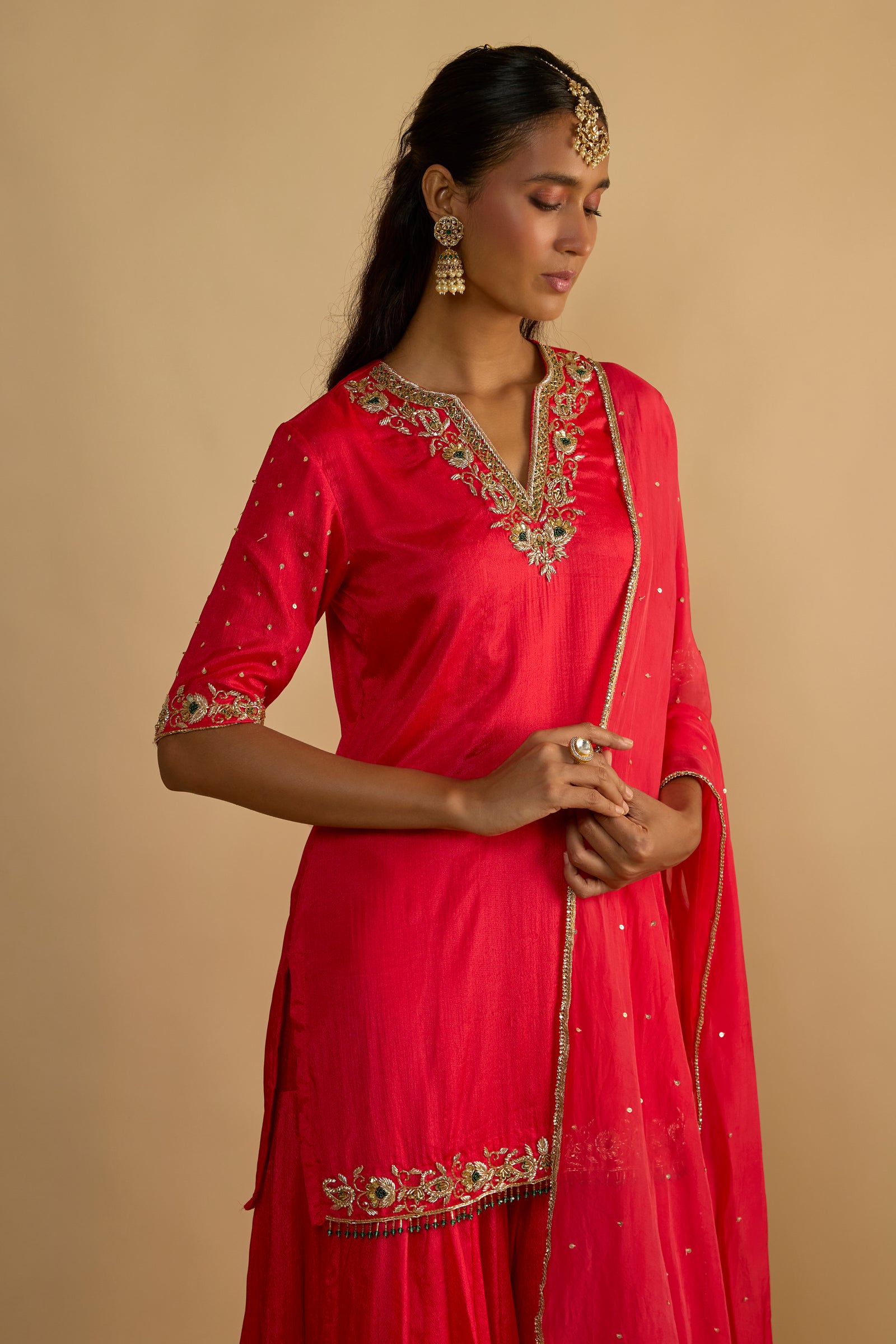 Crimson Blush Silk Chiffon Short Kurta Gharara Set