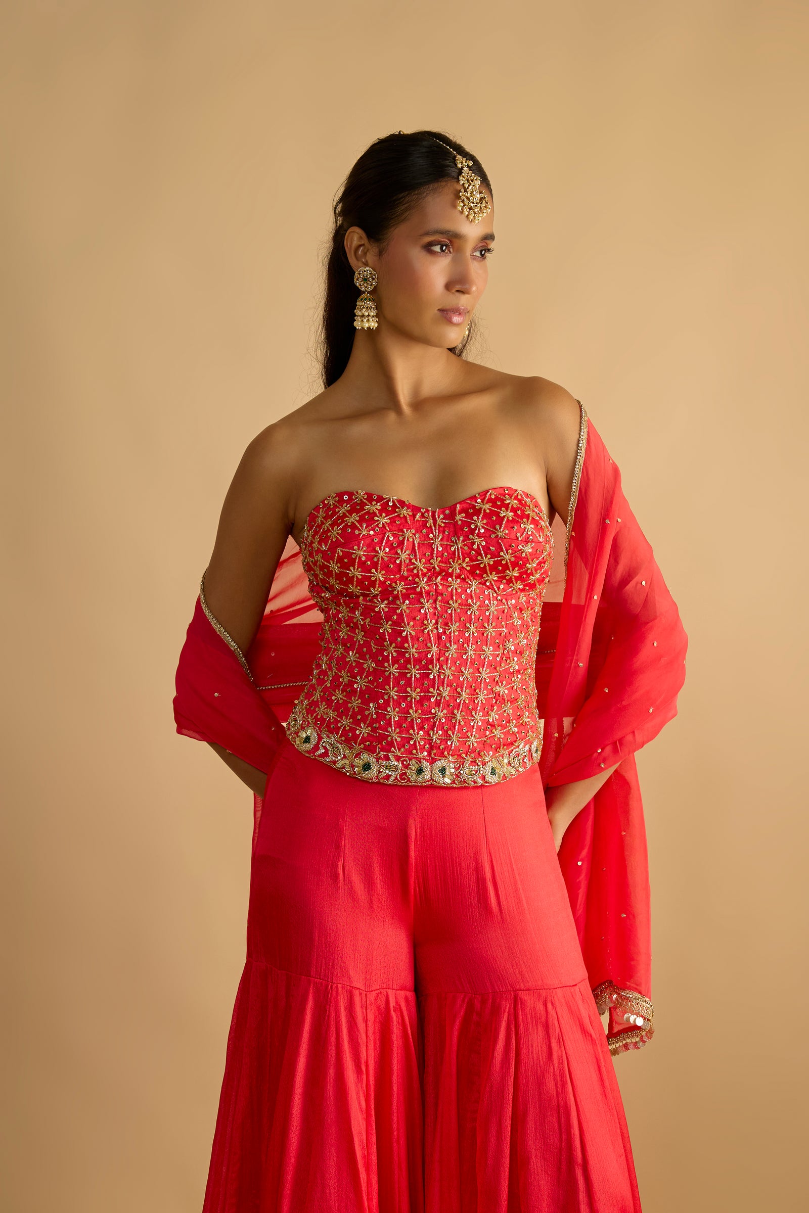 Crimson Blush Silk Chiffon Hand Embroidered Corset