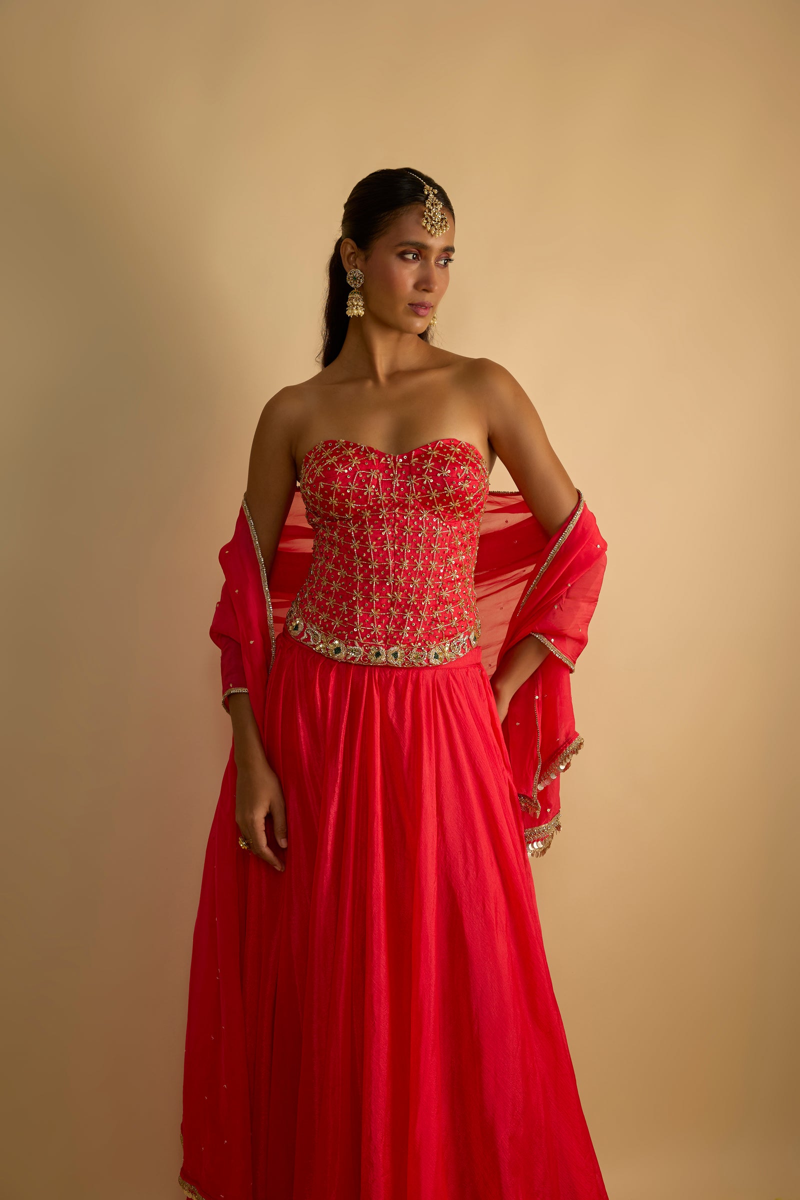 Crimson Blush Silk Chiffon Hand Embroidered Corset