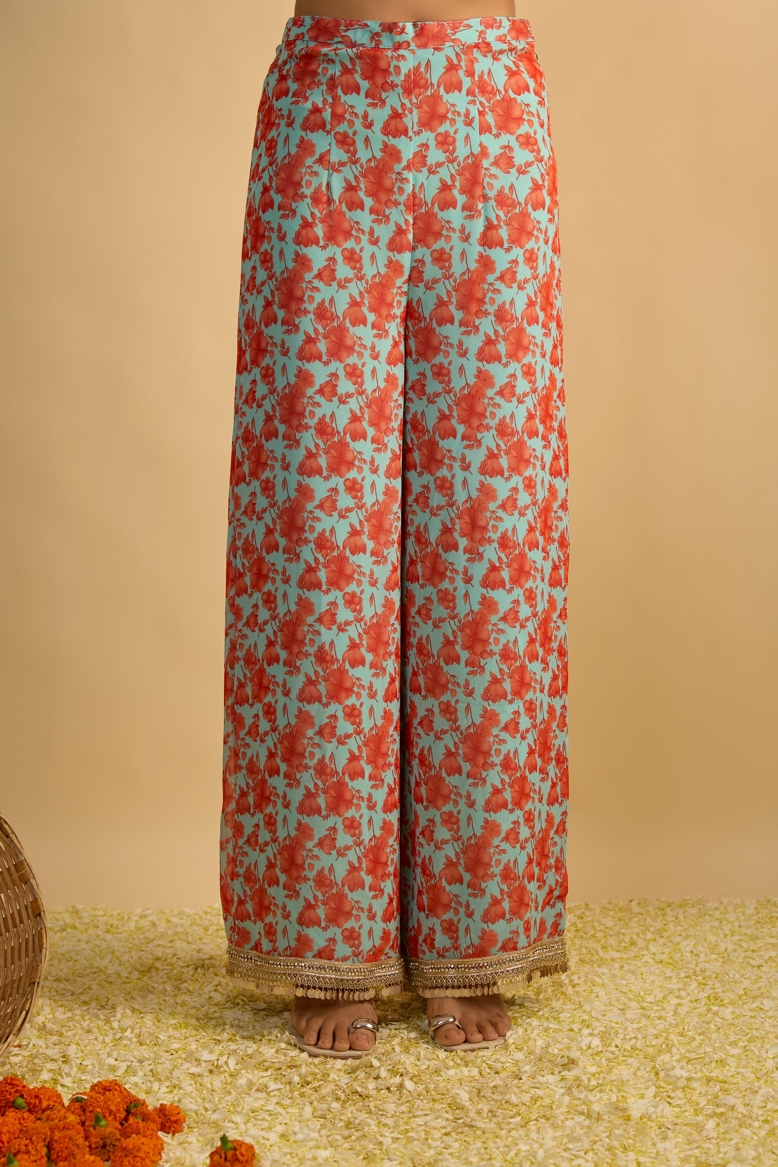 Blue and Orange Floral Printed Kurta Set
