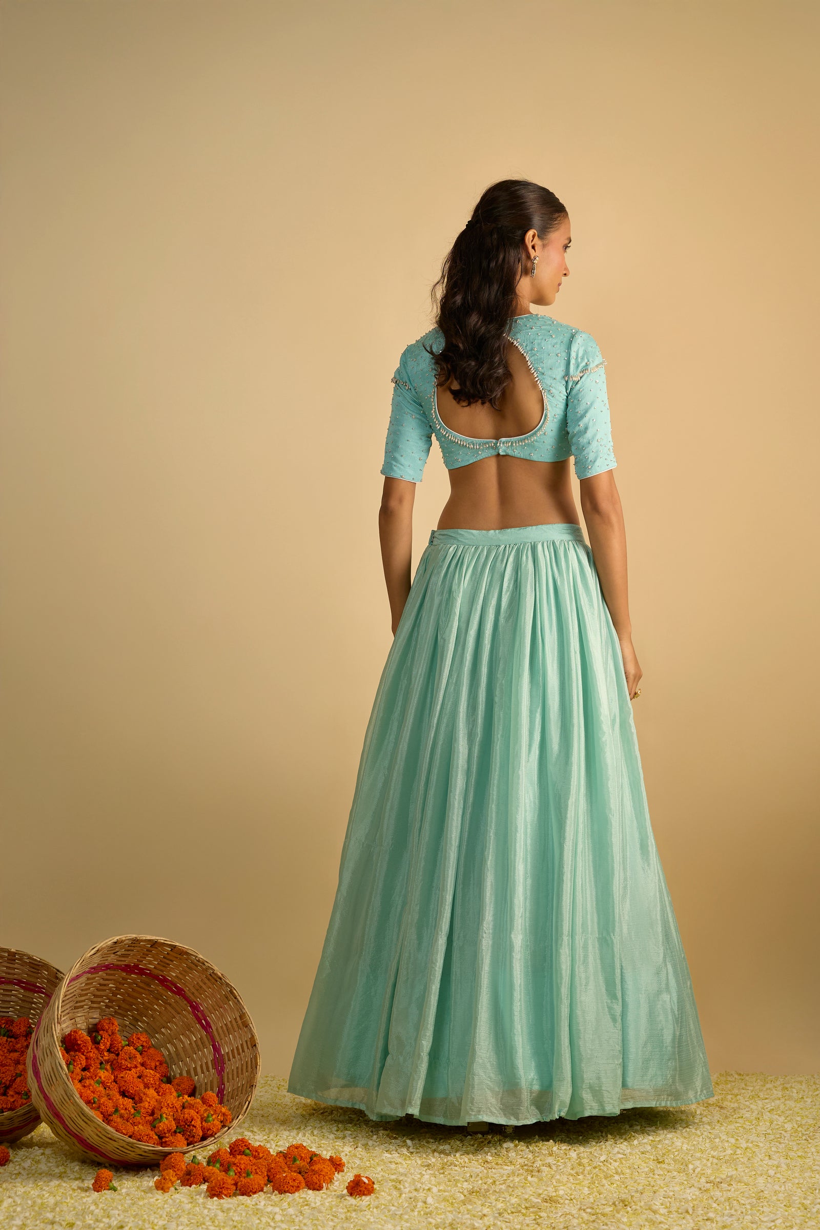 Crystal Blue Silk Chiffon Lehenga Set