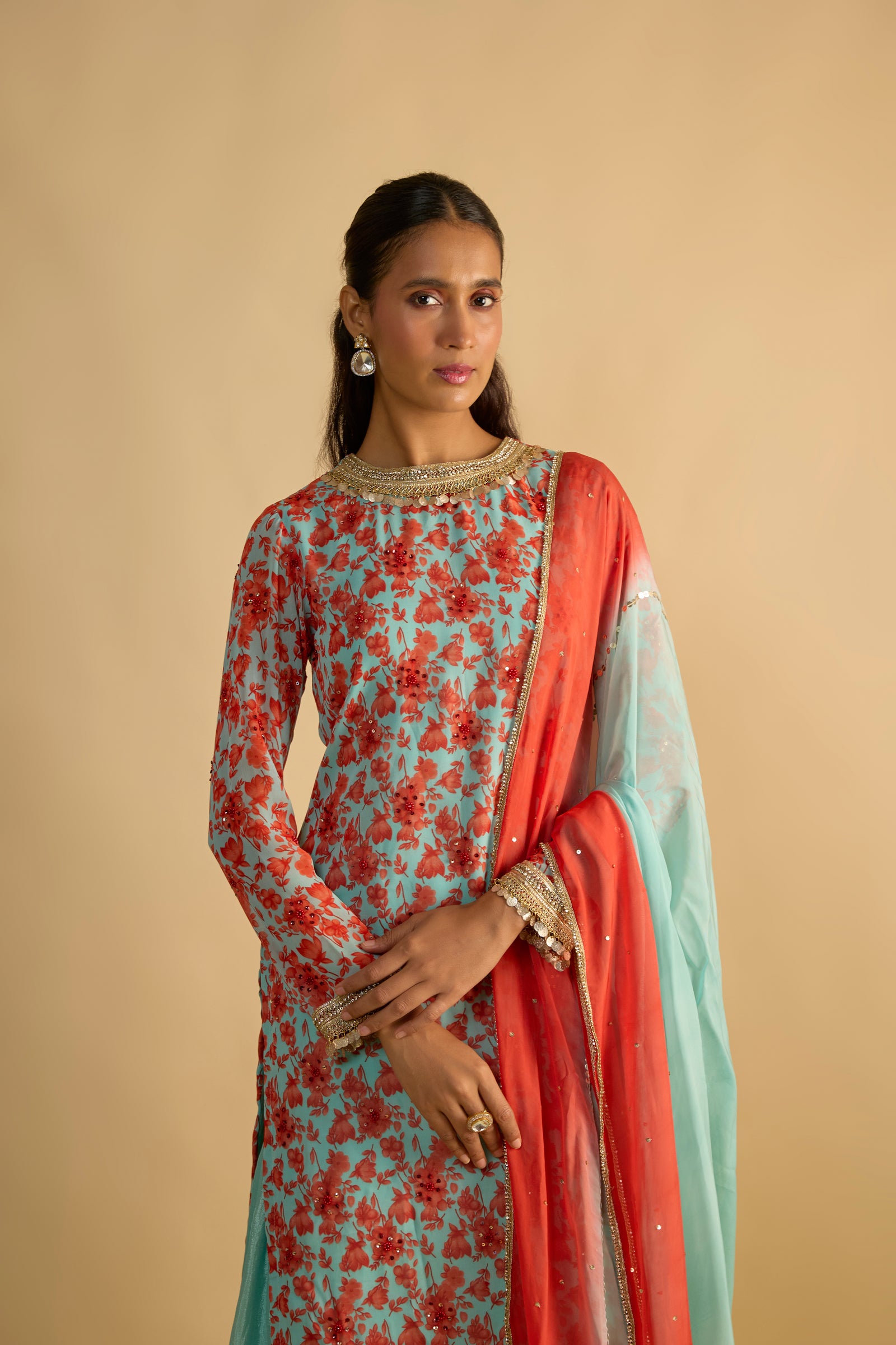 Blue and Orange Floral Printed Kurta Hand Embroidered in Georgette