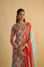 Blue and Orange Floral Printed Kurta Hand Embroidered in Georgette
