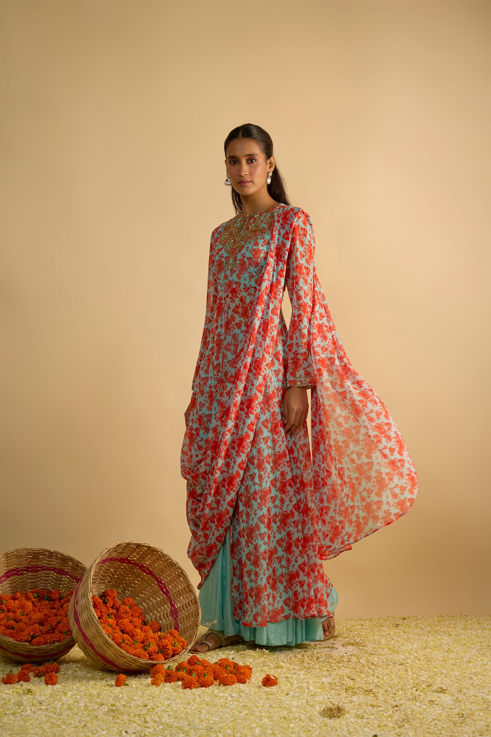 Blue and Orange Floral Printed Jacket Style Draped Kurta