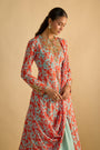 Blue and Orange Floral Printed Jacket Style Draped Kurta