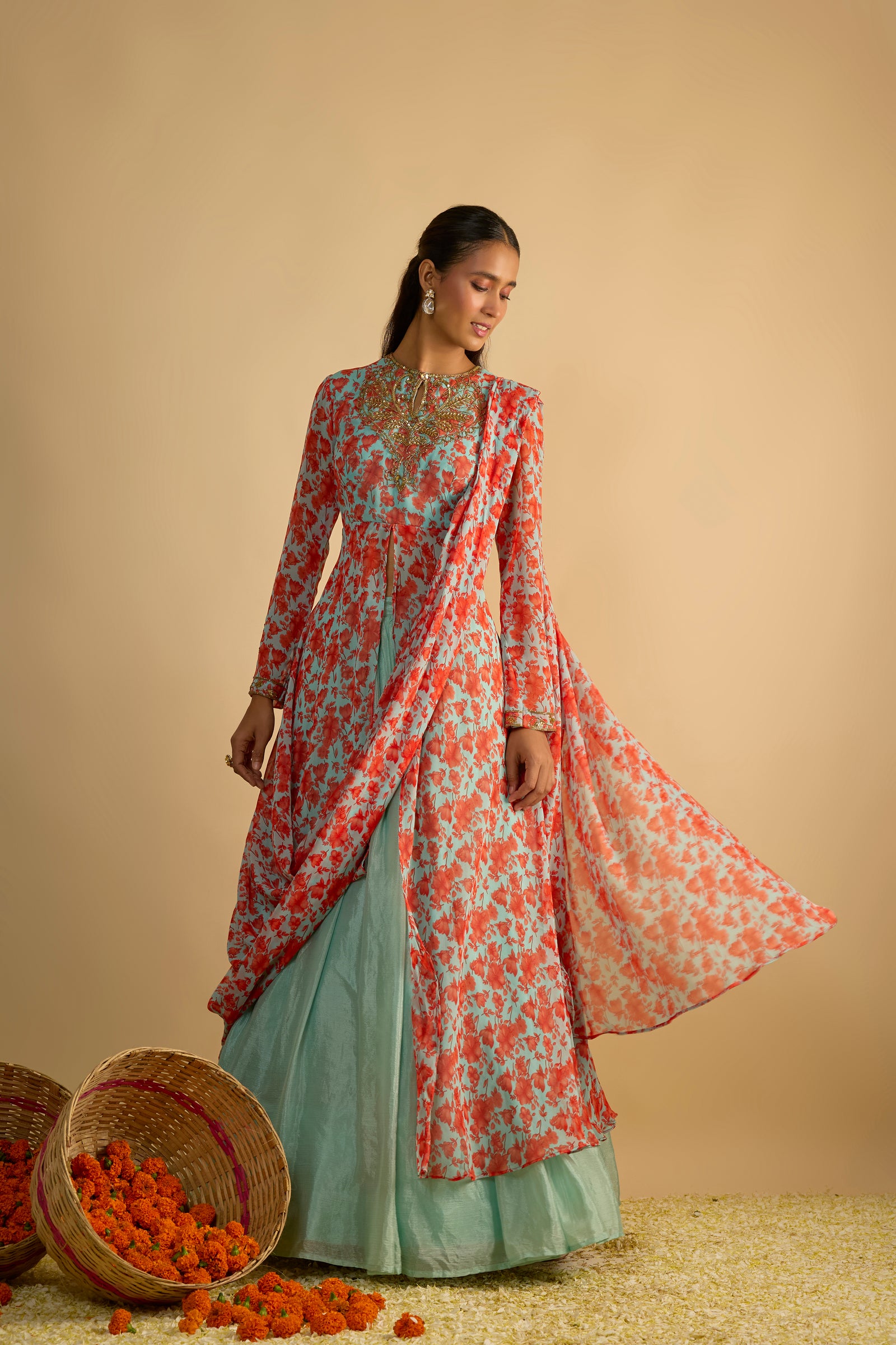 Blue and Orange Floral Printed Jacket Style Draped Kurta