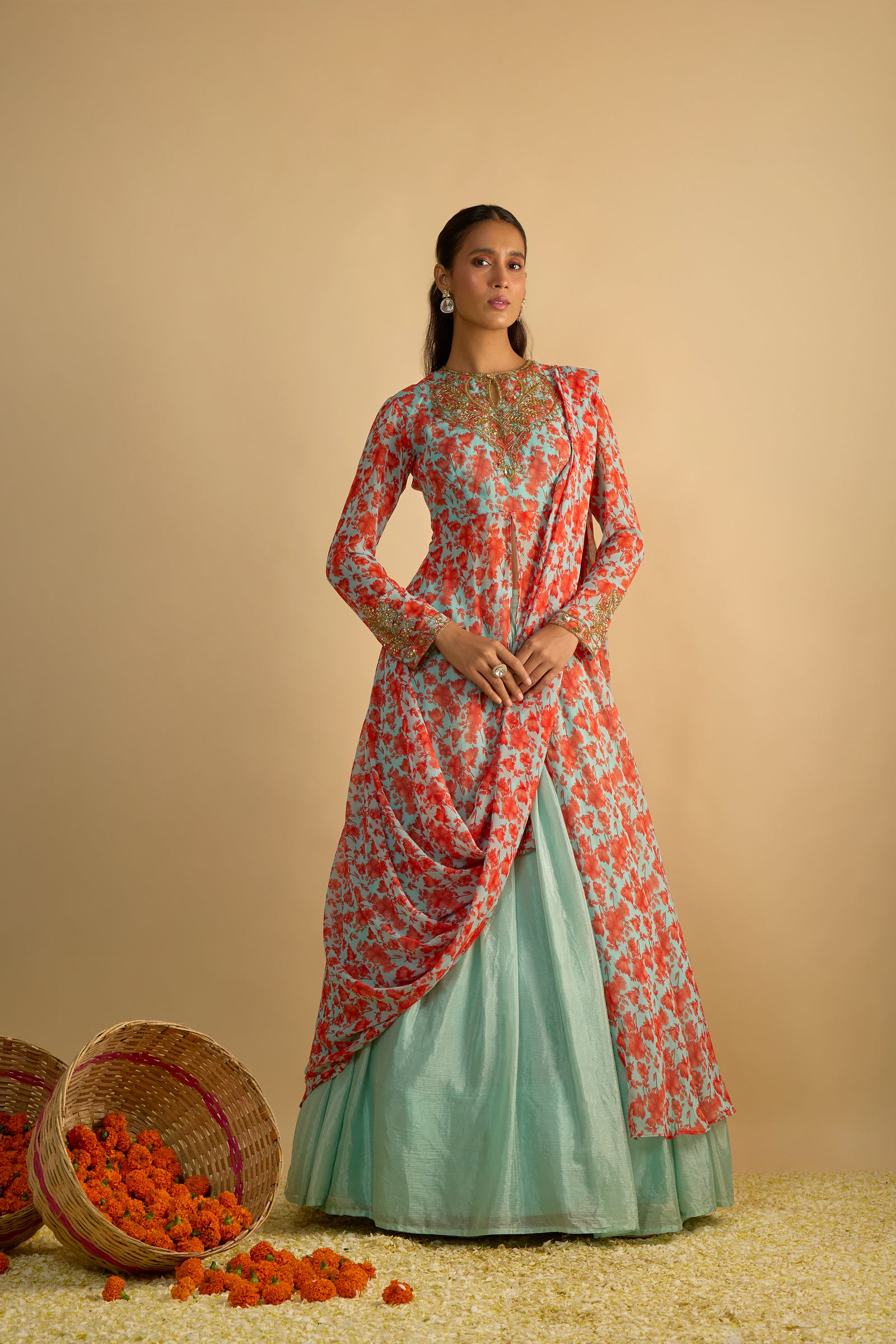 Blue and Orange Floral Printed Jacket Style Draped Kurta