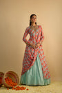 Blue and Orange Floral Printed Jacket Style Draped Kurta