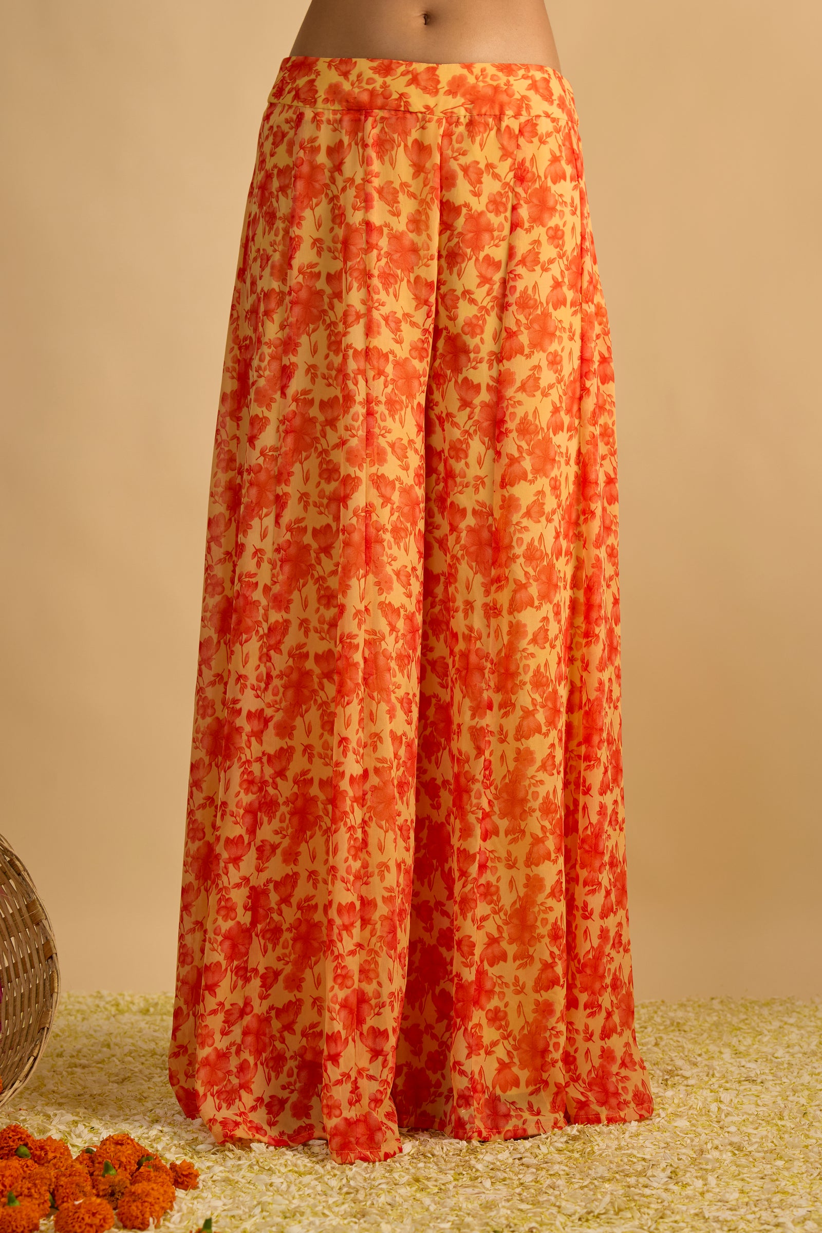 Yellow and Orange Floral Printed Hand Embroidered Palazzo Set