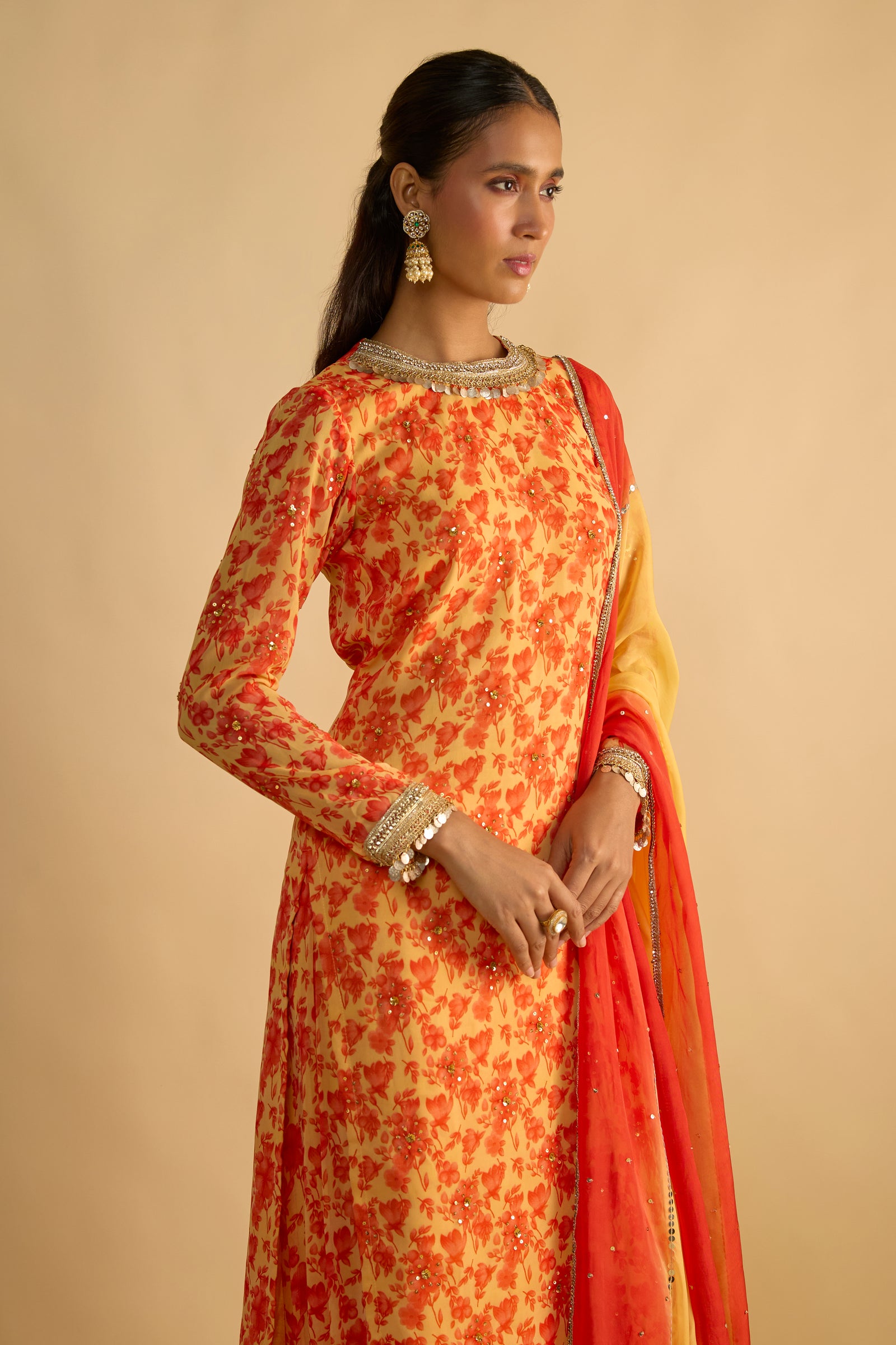 Yellow and Orange Floral Printed Hand Embroidered Palazzo Set