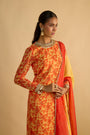 Yellow and Orange Floral Printed Hand Embroidered Kurta Set