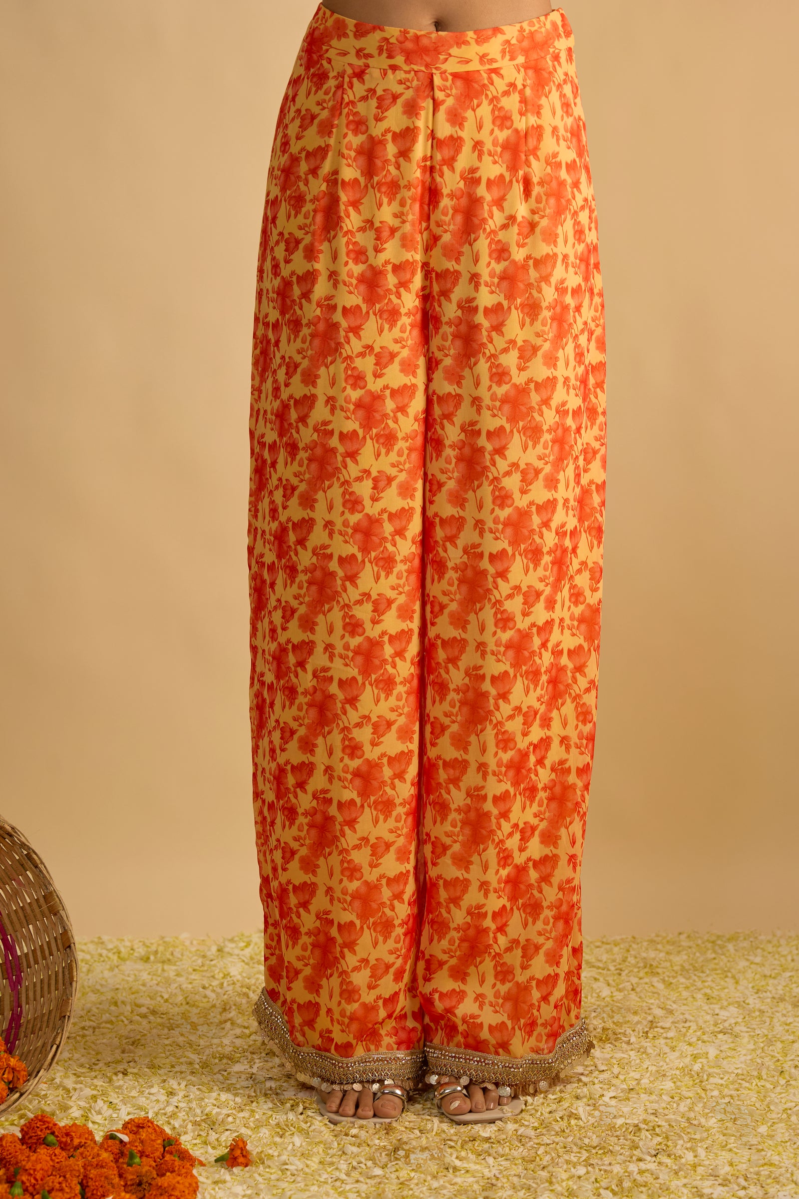 Yellow and Orange Floral Printed Hand Embroidered Kurta Set