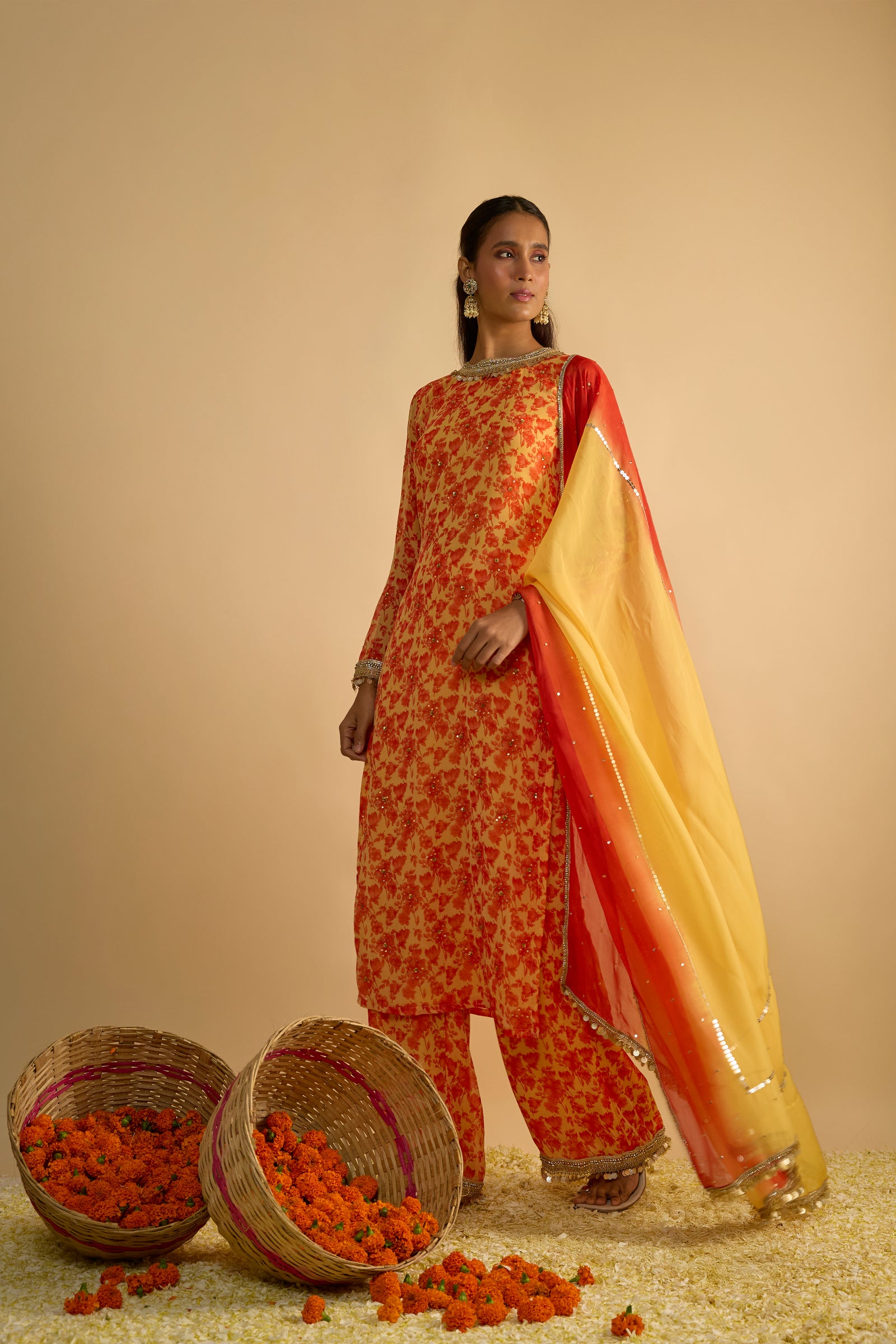 Yellow and Orange Floral Printed Hand Embroidered Kurta Set