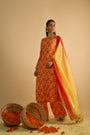 Yellow and Orange Floral Printed Hand Embroidered Kurta Set
