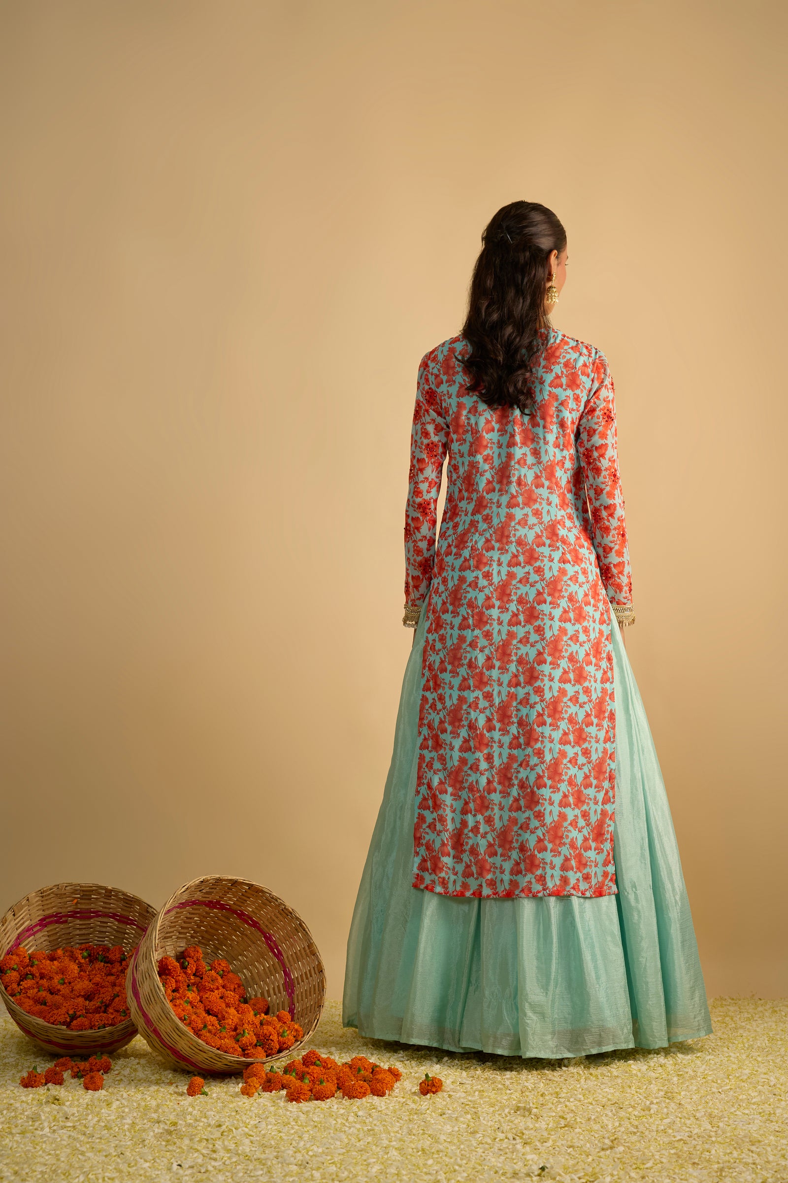 Blue and Orange Floral Printed Kurta Hand Embroidered in Georgette