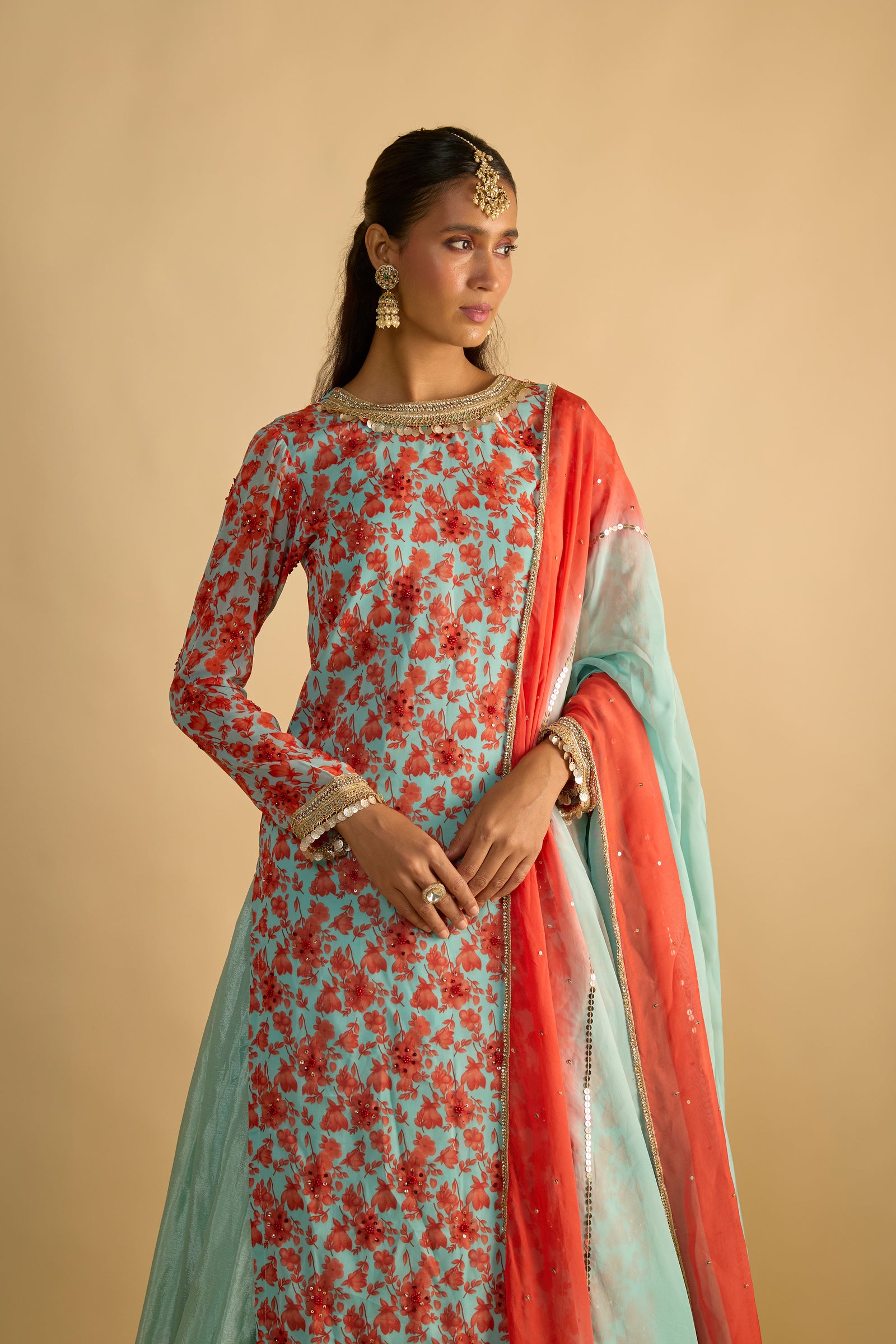 Blue and Orange Floral Printed Kurta Hand Embroidered in Georgette