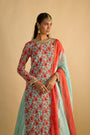 Blue and Orange Floral Printed Kurta Hand Embroidered in Georgette