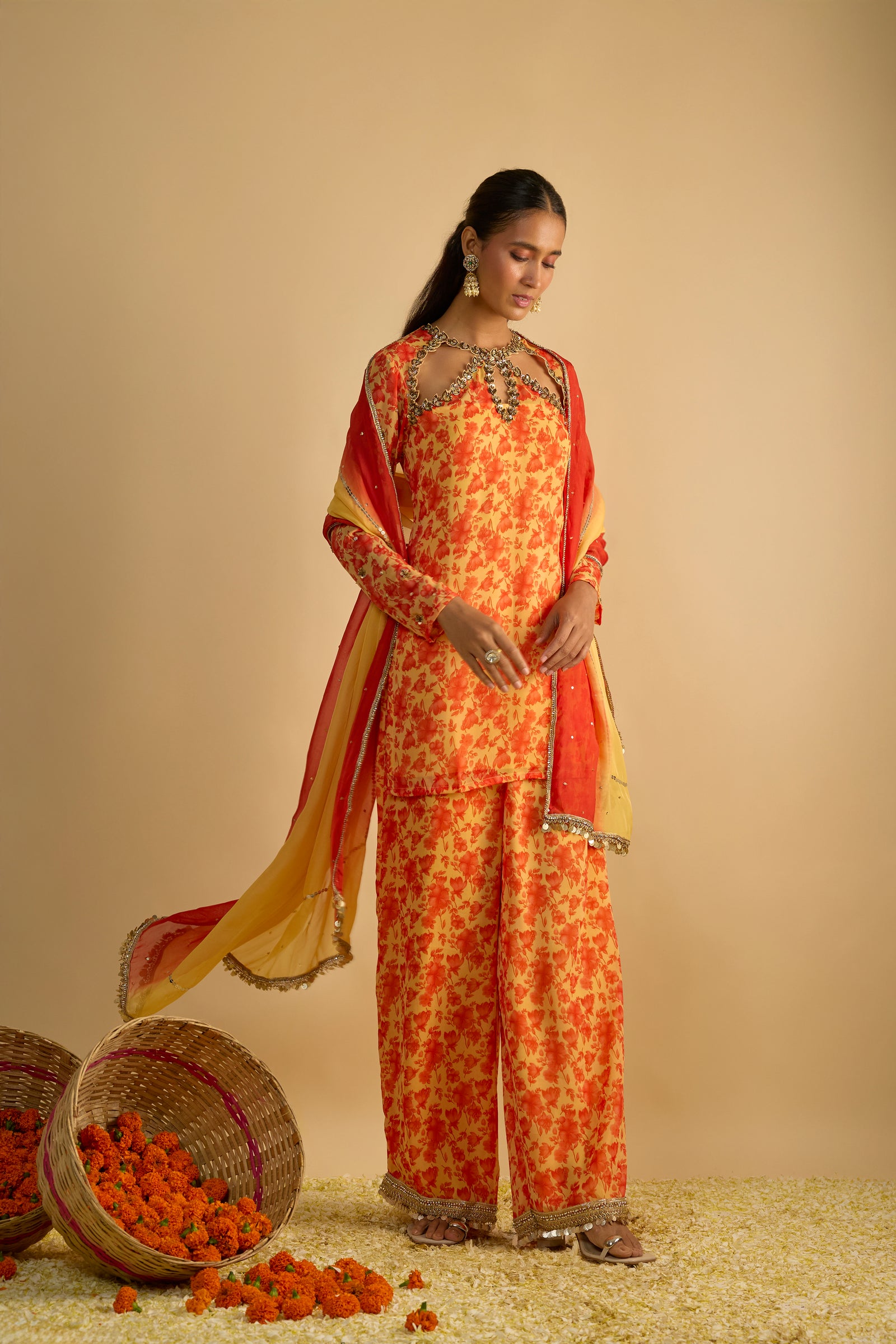 Yellow and Orange Floral Printed Hand Embroidered Short Kurta Set