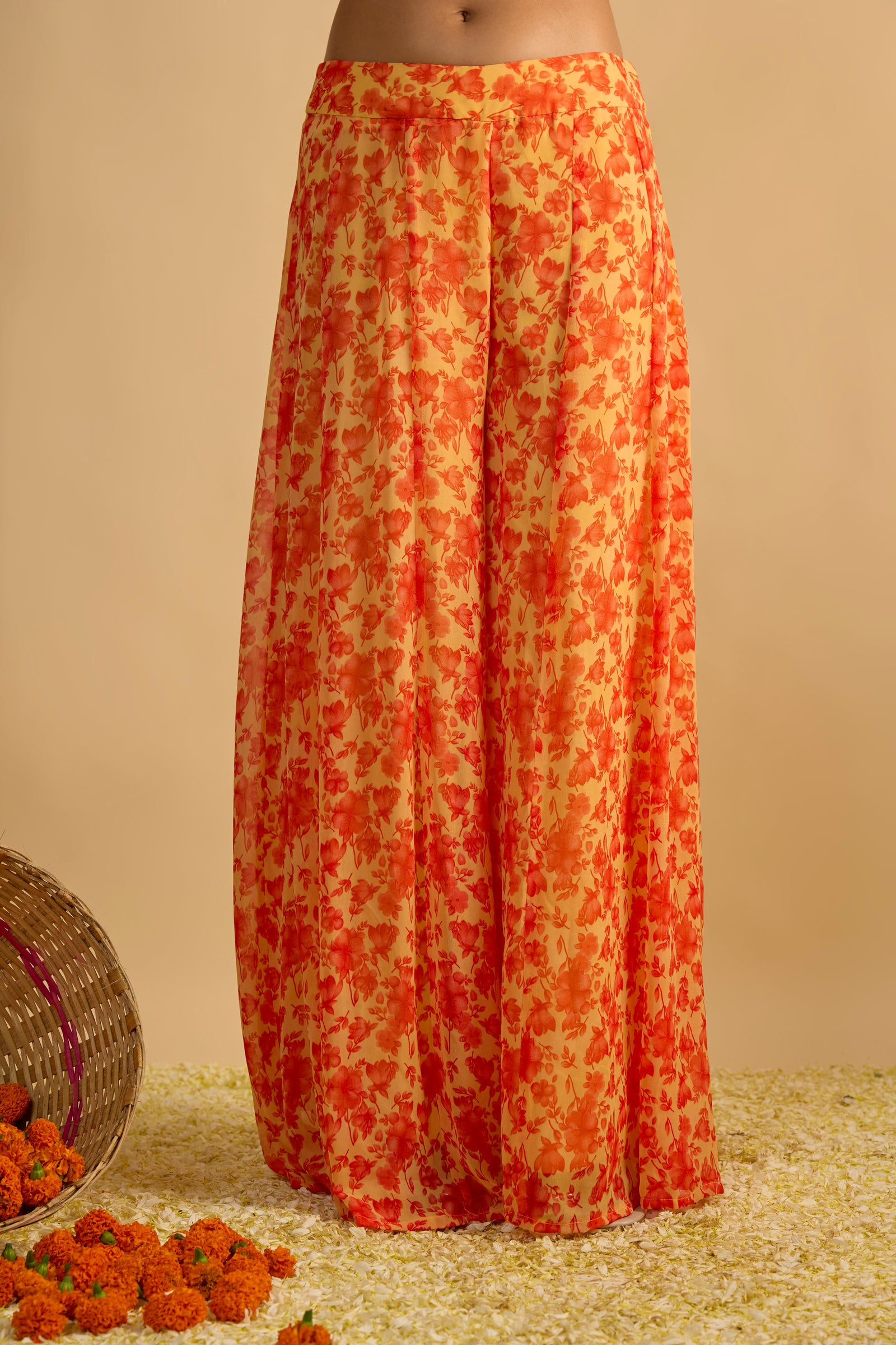 Yellow and Orange Floral Printed Hand Embroidered Short Kurta Set