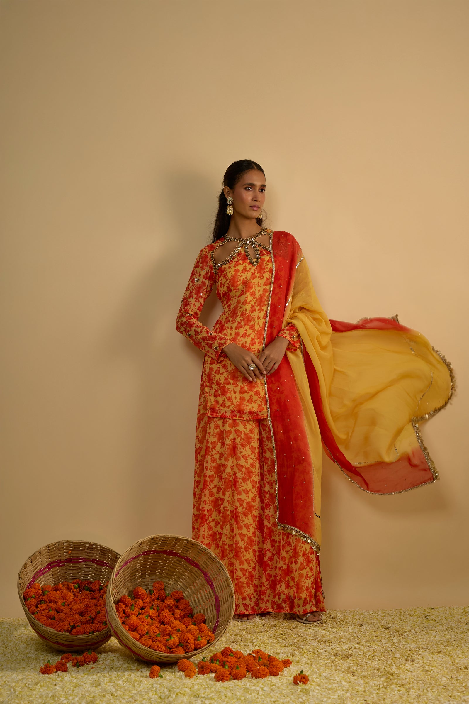 Yellow and Orange Floral Printed Hand Embroidered Short Kurta Set