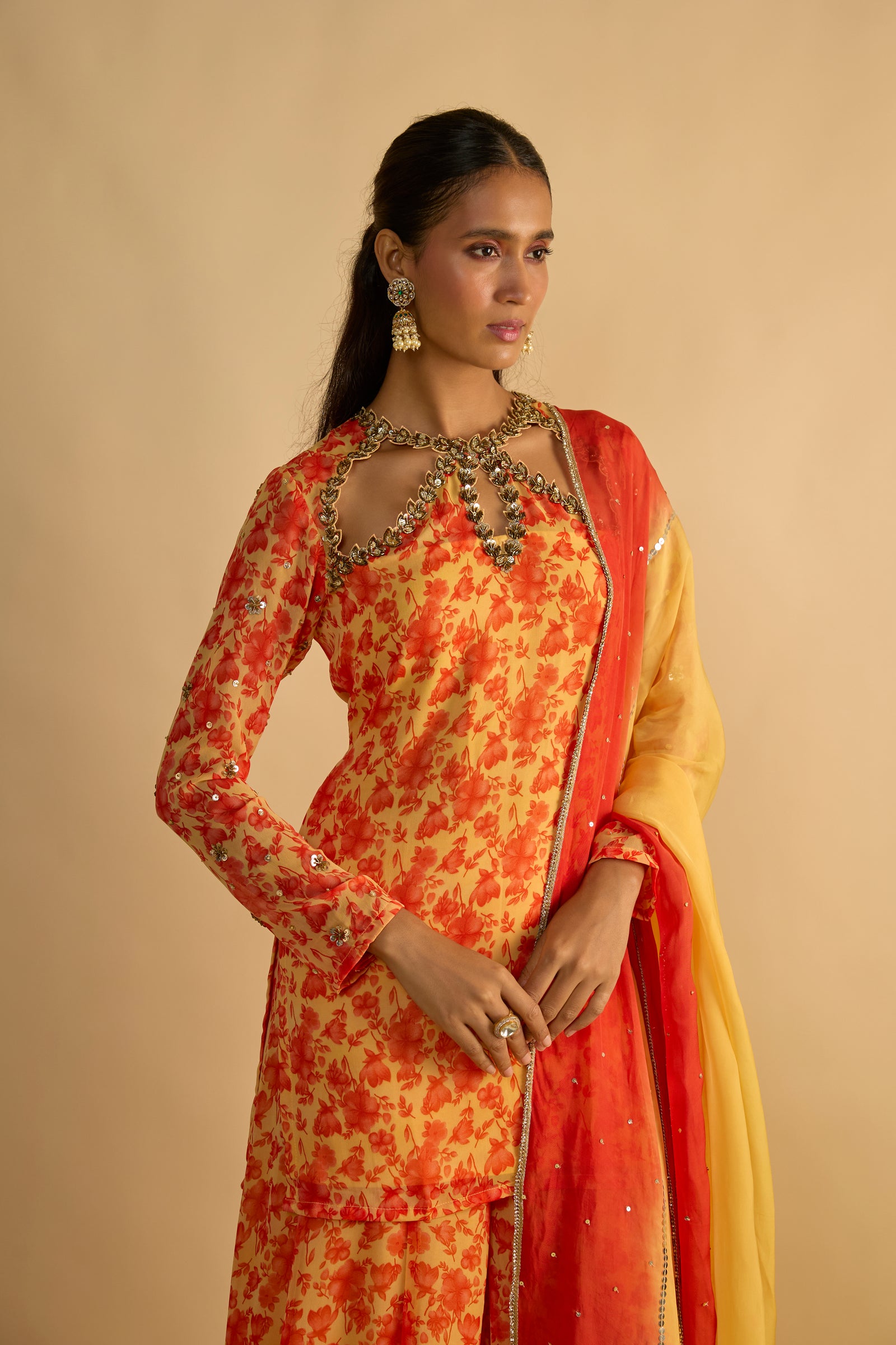 Yellow and Orange Floral Printed Hand Embroidered Short Kurta Set