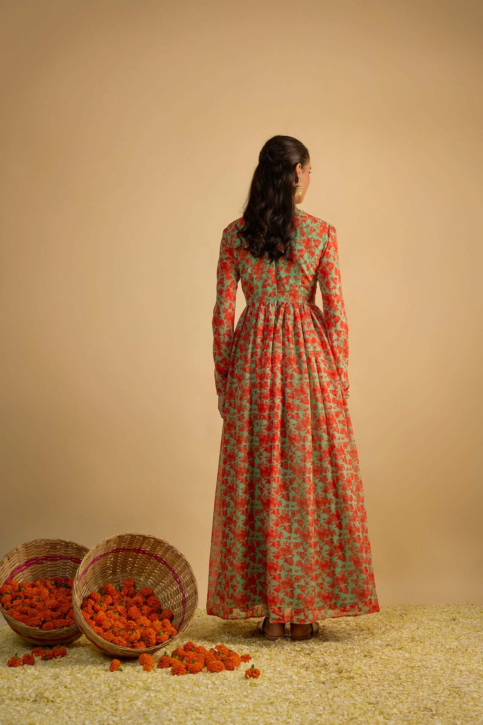 Green and Orange Floral Printed Hand Embroidered Anarkali