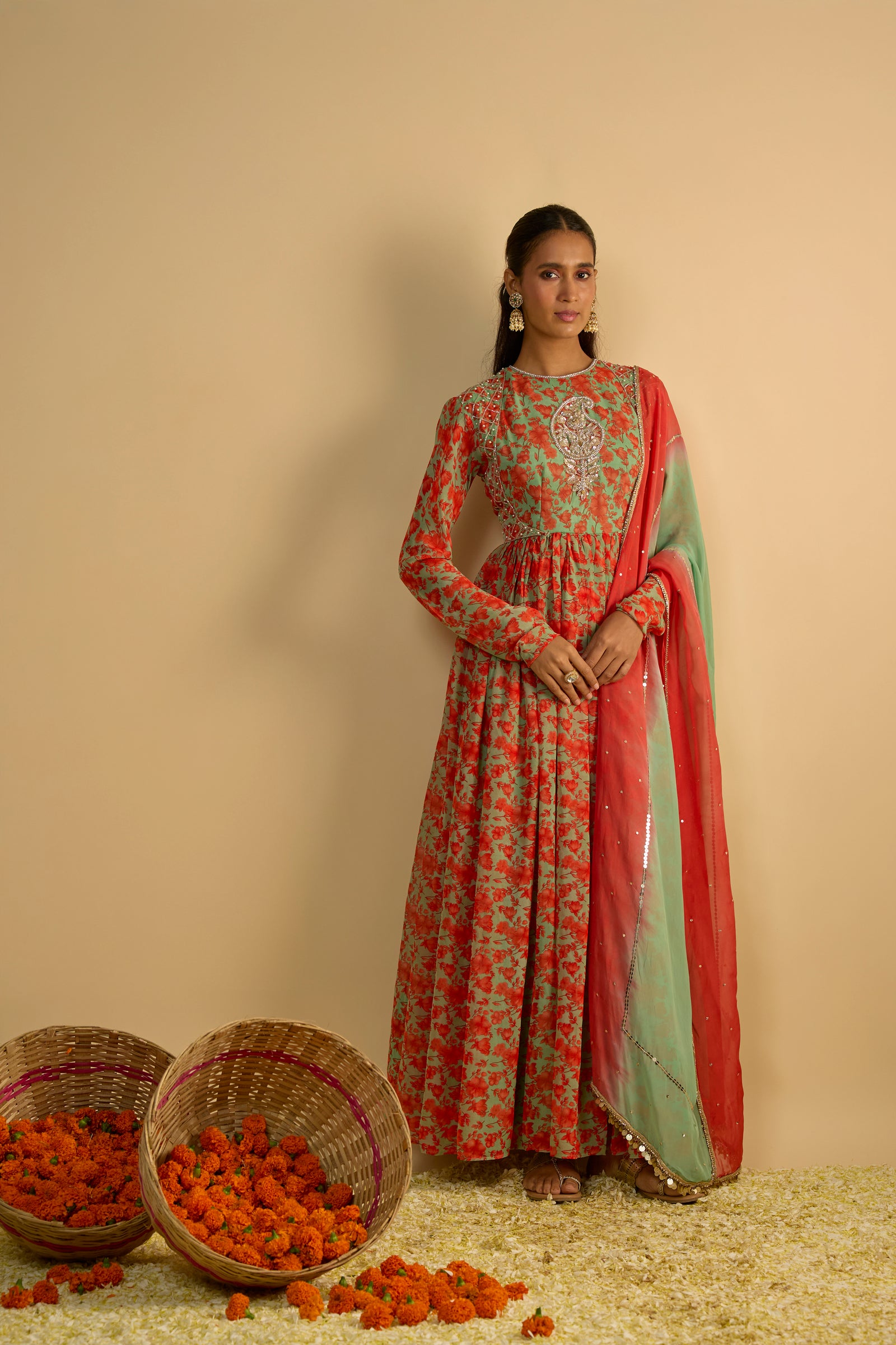 Green and Orange Floral Printed Hand Embroidered Anarkali
