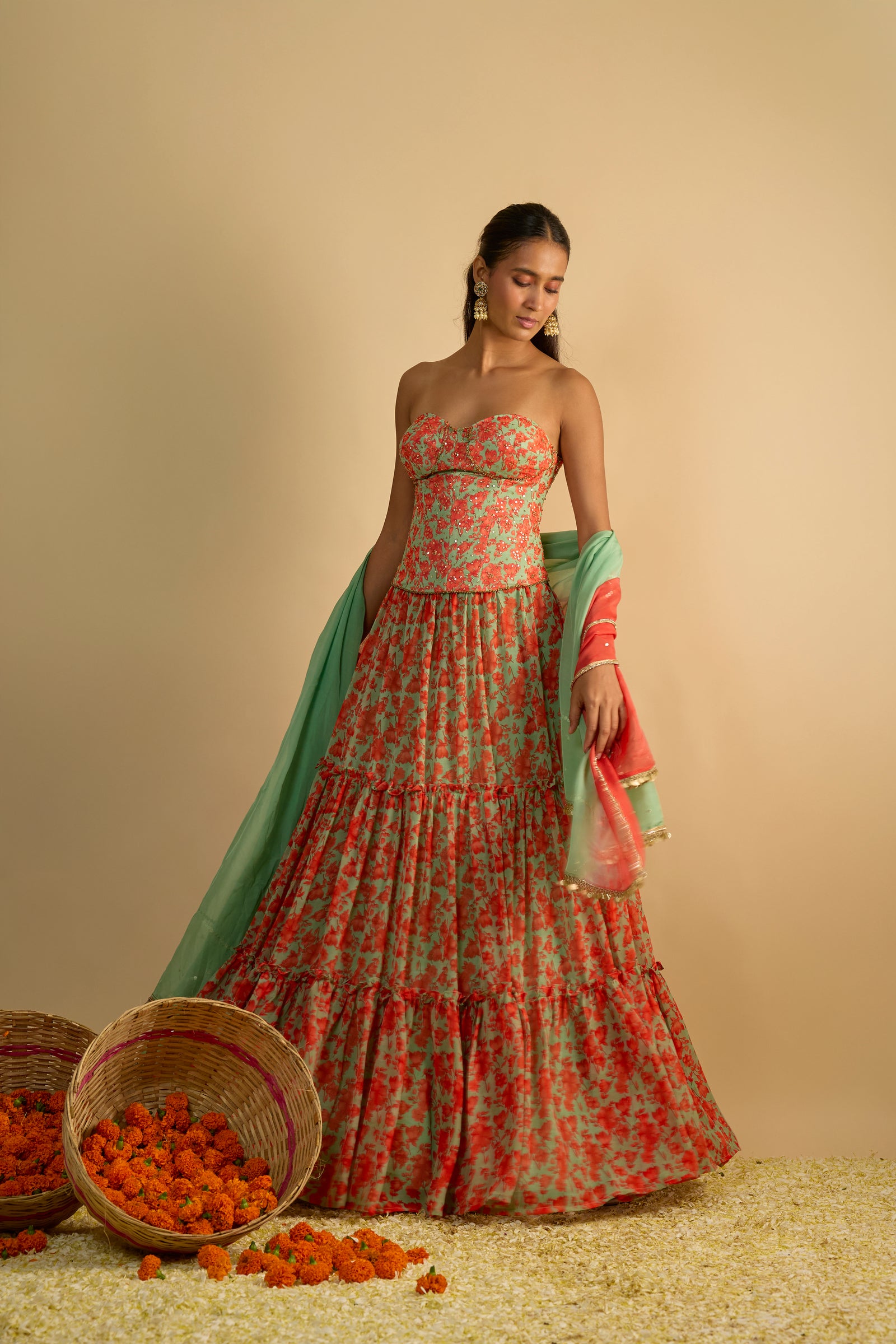 Green and Orange Floral Printed Hand Embroidered Corset