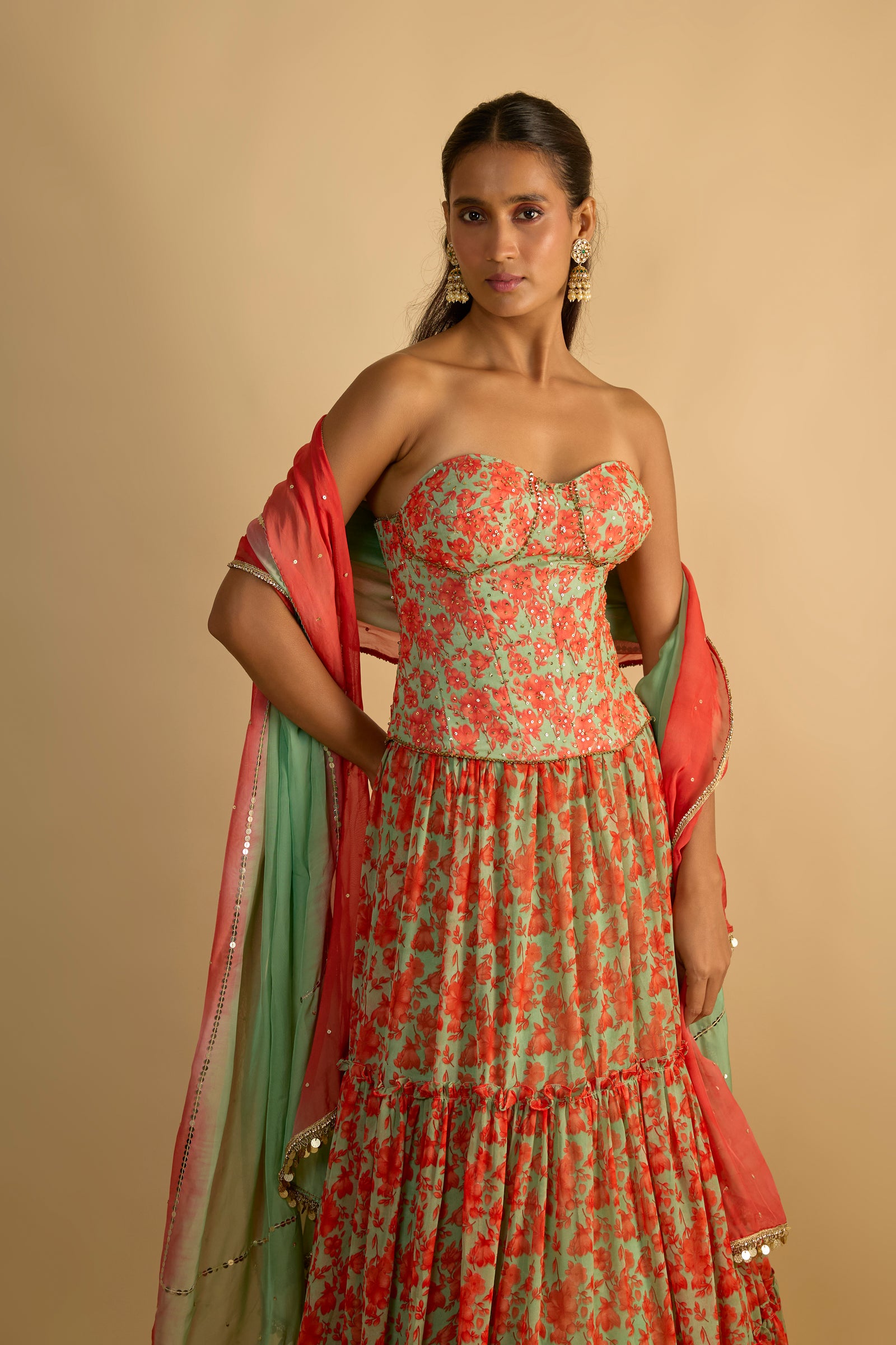 Green and Orange Floral Printed Hand Embroidered Corset