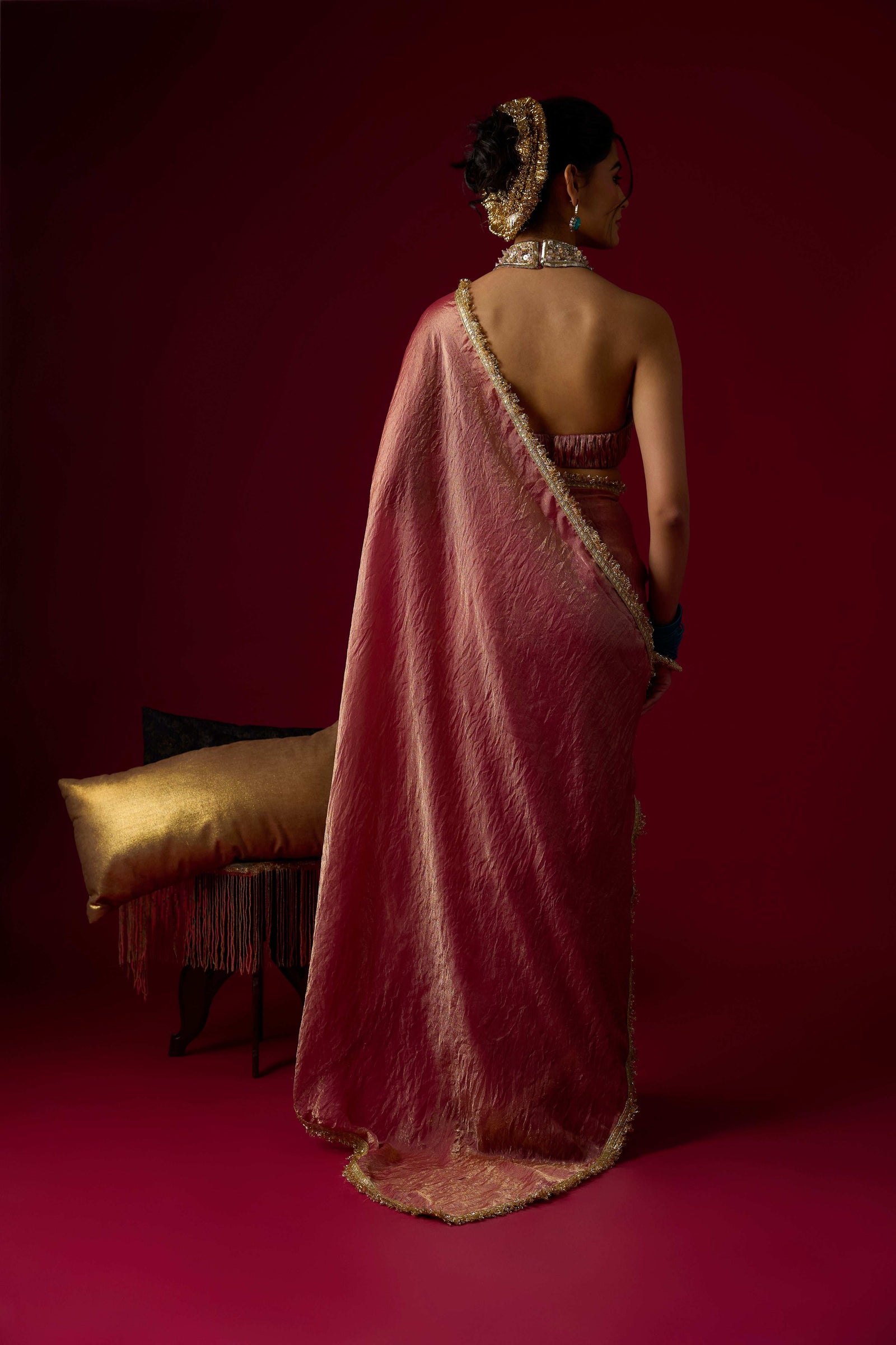 Dusty Rose Gold Tissue Saree Set