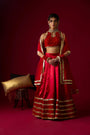 Ruby Red Russian Silk Satin Lehenga with Velvet Blouse Set