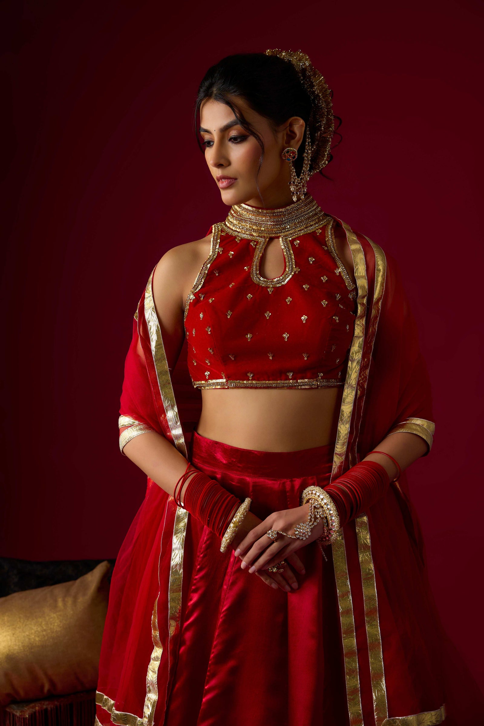 Ruby Red Russian Silk Satin Lehenga with Velvet Blouse Set