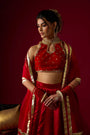 Ruby Red Russian Silk Satin Lehenga with Velvet Blouse Set