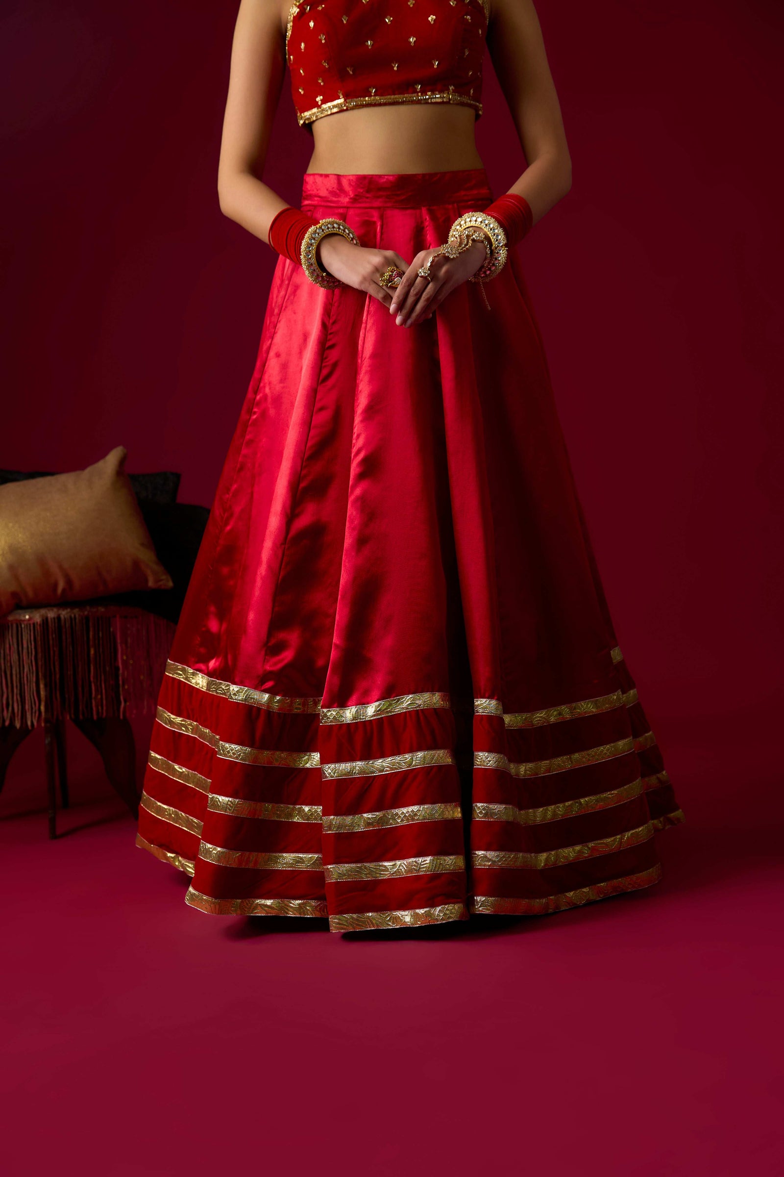 Ruby Red Russian Silk Satin Lehenga with Velvet Blouse Set